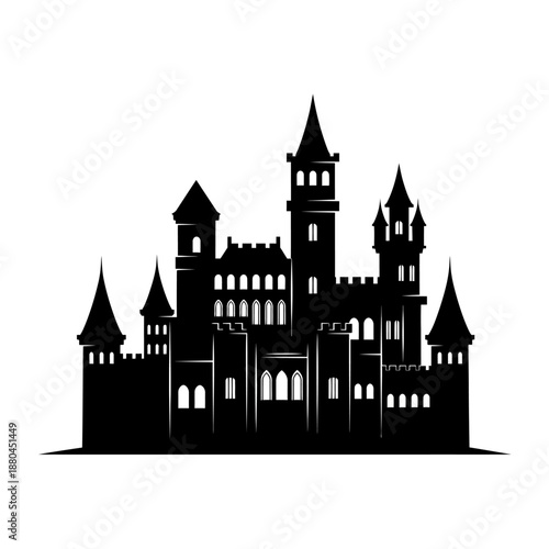 A striking black silhouette of a medieval castle with multiple towers