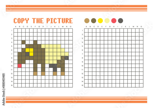 Copy the picture grid drawing worksheet for kids. Pixel art tapir