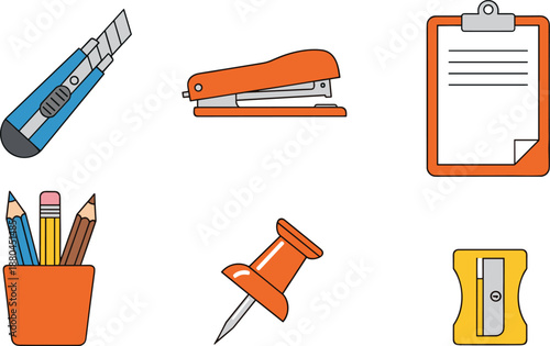 Vector set of office stationery icons including stapler, pencils, clipboard, utility knife, push pin, and sharpener in flat line style.