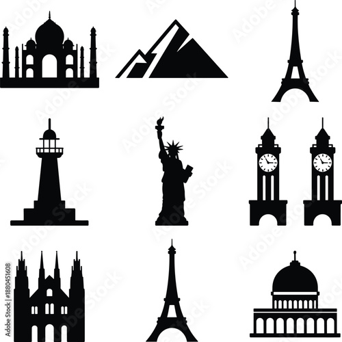 world landmarks, famous monuments, global travel icons, architecture silhouettes, international tourism symbols, black white vector illustration set