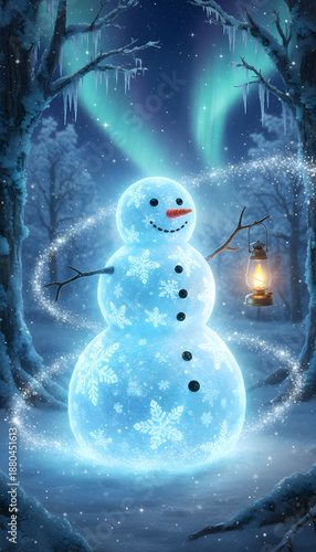 Snowman stands in snowy landscape holding a lantern under northern lights during winter night