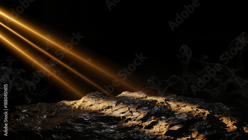 Dramatic rock podium with golden light beams for product display