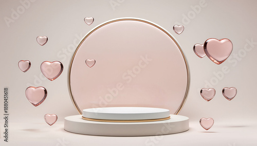 Beige podium with rose gold circle and glass hearts
