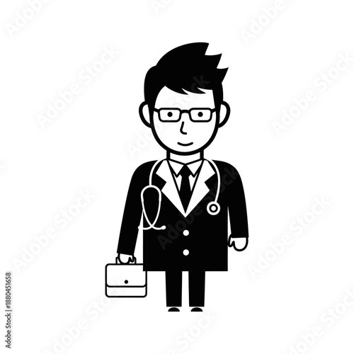 A simple black and white illustration of a doctor with a stethoscope