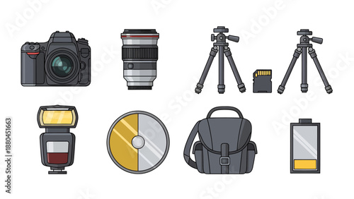 Professional Photography Equipment Vector Icon Set with DSLR Camera, Zoom Lens, Tripod, Speedlight Flash, SD Memory Card, Battery, Bag, and Light Reflector.