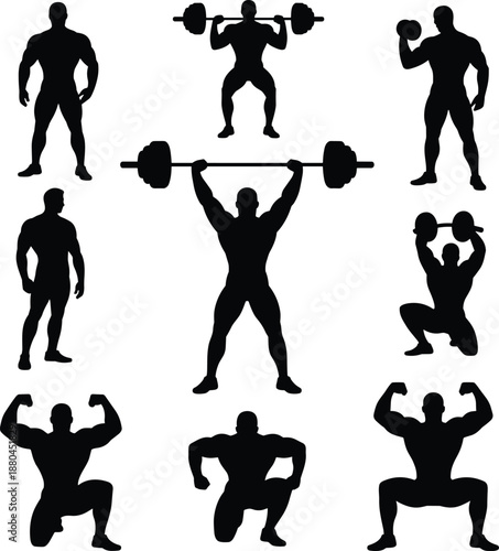 Bodybuilder fitness silhouettes performing weightlifting exercises, muscular men training with barbells and dumbbells, black vector illustration isolated on white