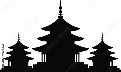 asian, pagoda, temple, silhouettes, traditional, architecture, religious, building, landmark, culture, heritage, black, iconic, design, isolated, white, background, vector, illustration, skyline