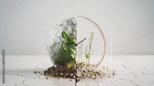 Modern Eco-friendly Clock with Growing Plants and Natural Elements in Minimalist Setting