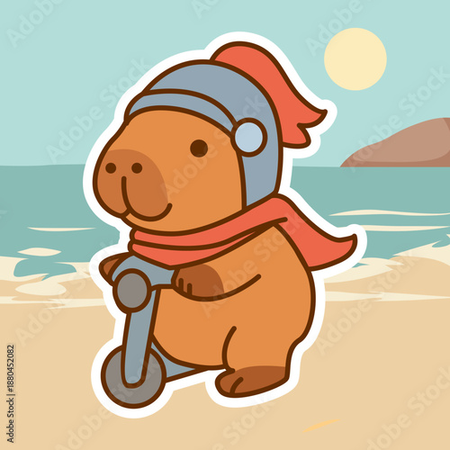 Happy Capybara on a Scooter at the Beach