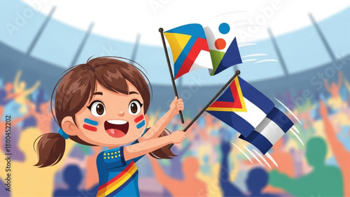 Happy girl fan cheering with flags