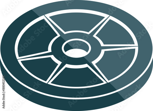 Professional weight plate vector with a sleek dark teal finish and 3D perspective. High-quality flat icon for gym branding, fitness center logos, and bodybuilding graphics. Scalable asset for design.