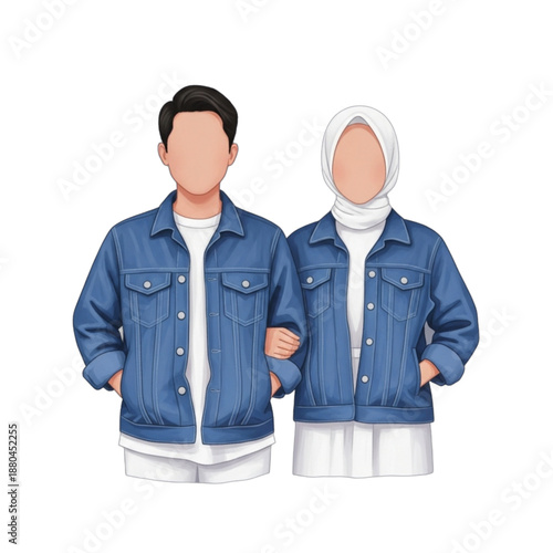 Couple wearing denim jackets and white shirts.