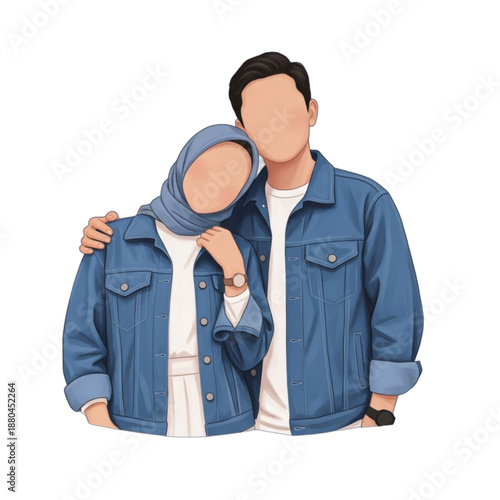 Couple wearing denim jackets embracing closely.