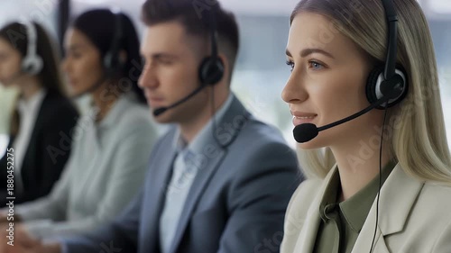 Customer service representatives wearing headsets working in an office setting.