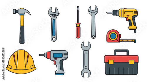 Collection of construction tools including hammer, wrench, screwdriver, drill, tape measure, hard hat, and toolbox for DIY home improvement projects on white.