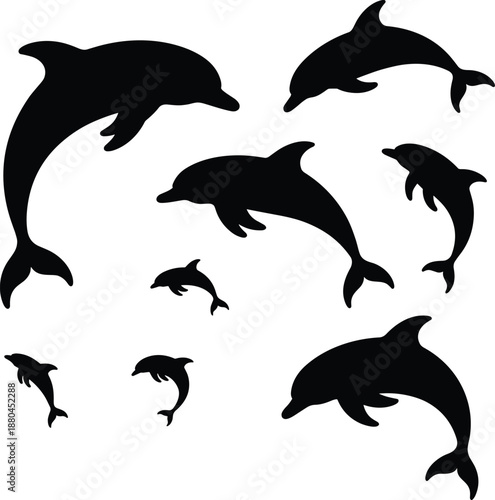 Black dolphin silhouette collection, jumping swimming marine mammal shapes, ocean wildlife aquatic animal illustration set, vector isolated design graphic pack
