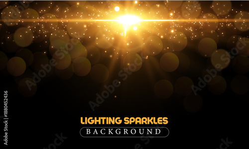Lighting sparkles realistic flares. Glowing effects. Golden sparkles flares. Gold dust light bokeh. Christmas glowing bokeh and glitter overlay texture from top