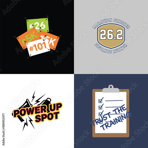 Running and marathon themed vector illustrations featuring race bibs, a finisher badge, a power up spot, and a trust the training checklist, ideal for sports and fitness designs.