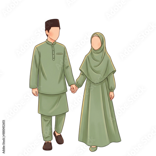 Muslim Couple Holding Hands Islamic Traditional Attire.