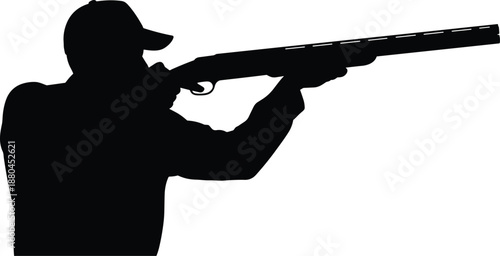 Hunter aiming shotgun silhouette vector illustration, black shooting pose isolated on white background, hunting sport outdoor activity and firearm concept