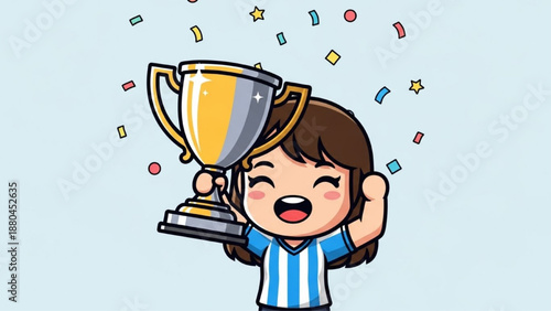 Girl winning golden trophy cup