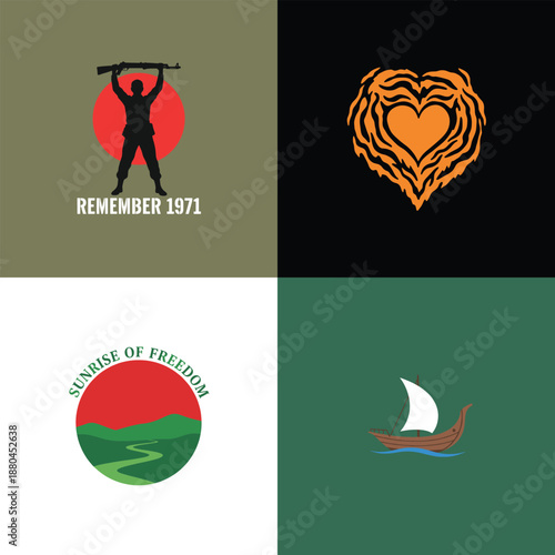 Bangladesh independence and national symbols vector collection featuring a freedom fighter, Bengal tiger heart, sunrise of freedom, and traditional boat.