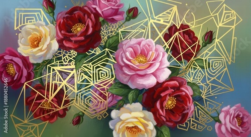 Floral Arrangement with Geometric Design: A vibrant floral composition featuring a bouquet of roses in various shades of pink, red, and yellow.