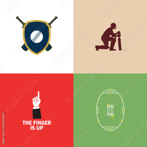 Cricket sport elements illustration with logo, player, umpire signal, and field strategy.
