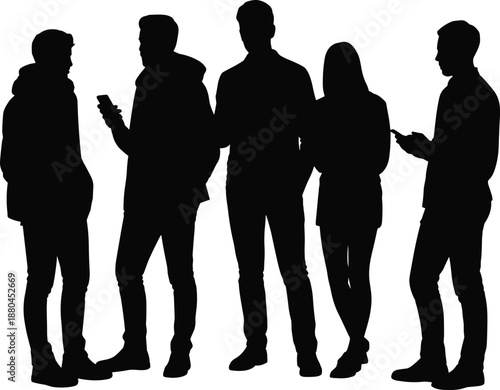 people, silhouettes, group, standing, communication, smartphones, social, interaction, men, women, modern, lifestyle, technology, youth, black, figures, isolated, white, background, illustration