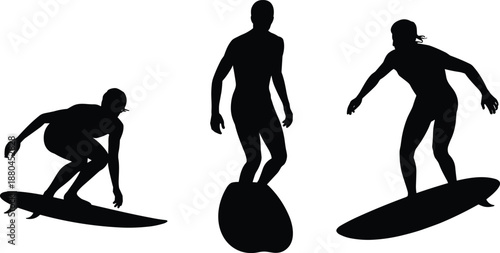 Surfing action silhouettes with surfers riding waves, extreme water sport illustration, minimalist black ocean activity isolated on white background vector