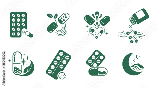 A set of supplement icons, including probiotic, sleep aid, and pill blister pack illustrations
