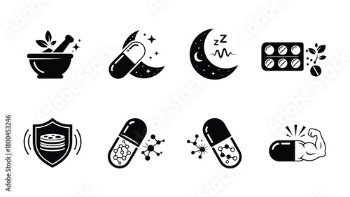 A comprehensive collection of health and wellness supplement icons in black and white