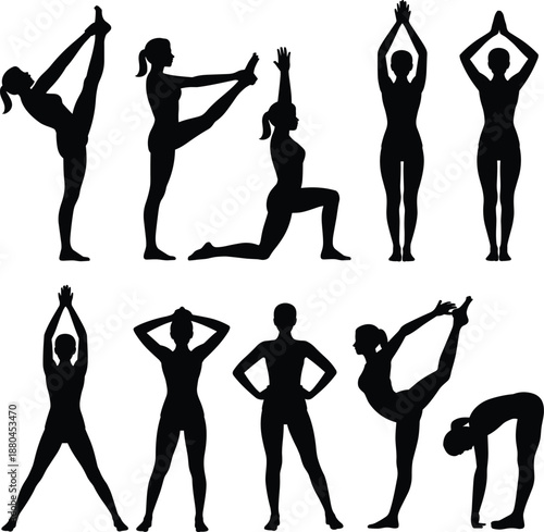 Woman yoga pose silhouettes, female fitness stretching exercises, yoga and wellness training concept, black vector illustration isolated on white background