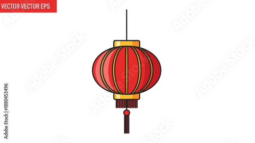 Traditional Chinese Red Lantern with Gold Accents, Isolated on White Background