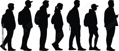 People standing in line silhouettes with backpacks, queue concept illustration, minimalist black human figures isolated on white background vector