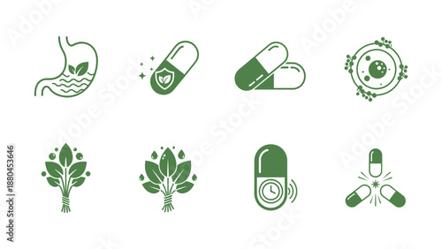 Collection of health and nutrition icons for supplements and plant-based medicine