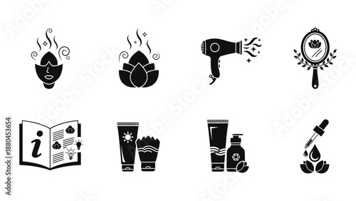 A set of black and white silhouette icons related to beauty, spa, and personal care