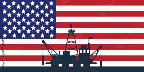 Background oil and gas platform on the sea with rig. Background flag of american. United states of america