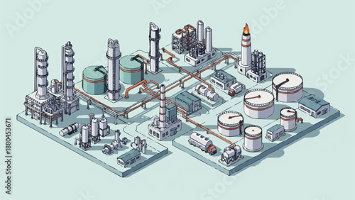Industrial Factory Complex with Various Structures and Pipelines.