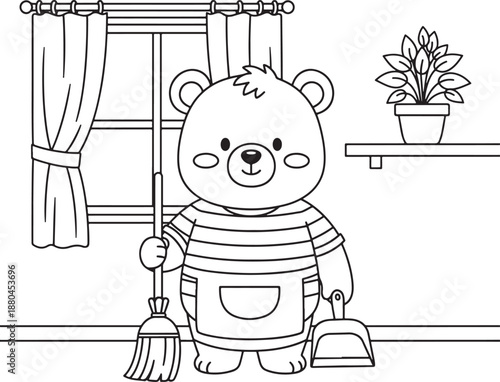 Cute cartoon bear with broom and dustpan coloring page Vector