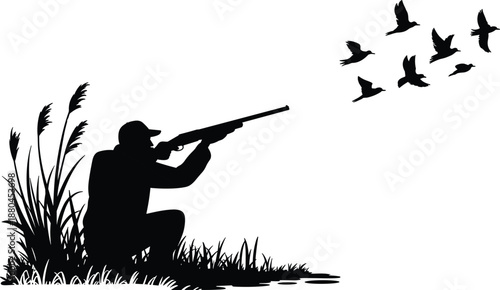 Hunter silhouette aiming shotgun at flying birds in wetland grass, outdoor hunting sport concept, wildlife activity, black vector illustration isolated on white