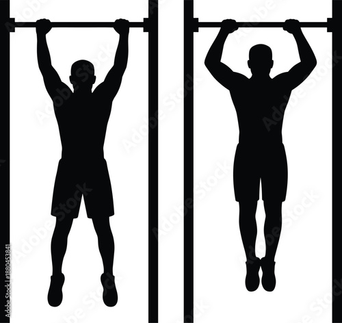 pull up, exercise, silhouettes, fitness, workout, gym, training, strength, calisthenics, athlete, bodyweight, sport, muscles, black, figures, isolated, white, background, vector, illustration