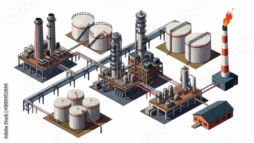 Industrial Oil Refinery Complex with Storage Tanks and Chimneys.