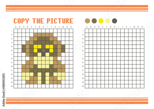 Copy the picture grid drawing worksheet for kids. Pixel art orangutan