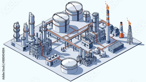Industrial oil refinery complex with storage tanks and pipelines.