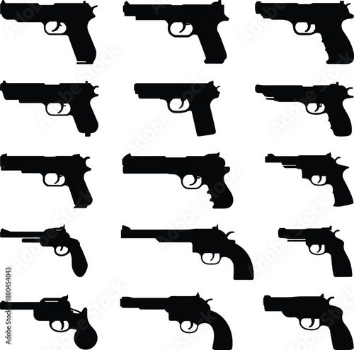 Collection of handgun and revolver silhouettes, black firearm weapon icons isolated on white background for security, defense, military, illustration concepts