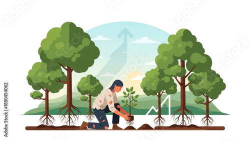 Person planting tree in eco friendly environment with wind turbines and lush greenery for sustainable living