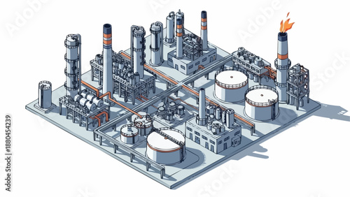 Industrial Oil Refinery Complex with Storage Tanks and Smokestacks.