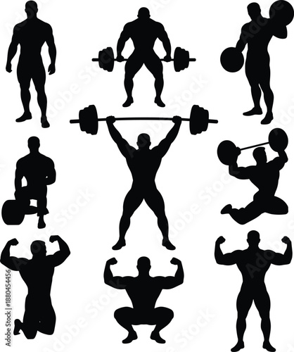 Bodybuilder fitness silhouette set showing weightlifting exercises, strength training poses, muscular male athletes, gym workout activities, black vector figures isolated on white