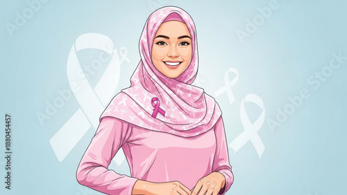 Smiling woman wearing pink hijab and shirt with breast cancer awareness ribbons